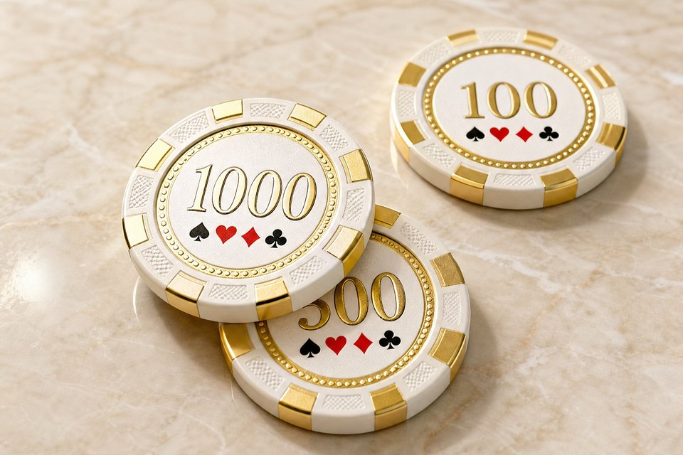 三枚金边扑克筹码错落叠放，面额 100 / 500 / 1000 清晰可辨